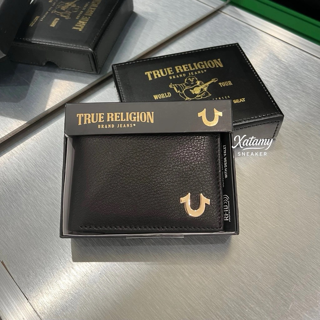 Ví True Religion 'Aglet' Slim Bifold RIFD Leather Wallet Black Gold TR203418 (Bill Mỹ)