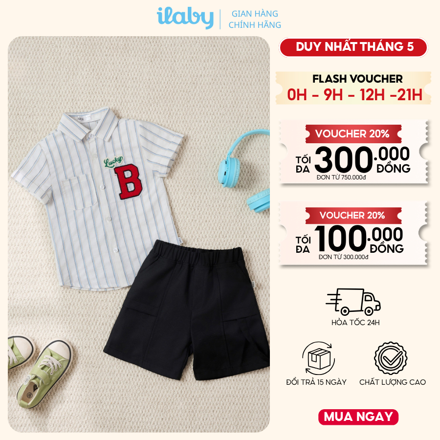 Áo sơ mi bé trai ILABY ngắn tay họa tiết kẻ sọc phối chữ B thêu nổi phong cách Hàn Quốc [3875]