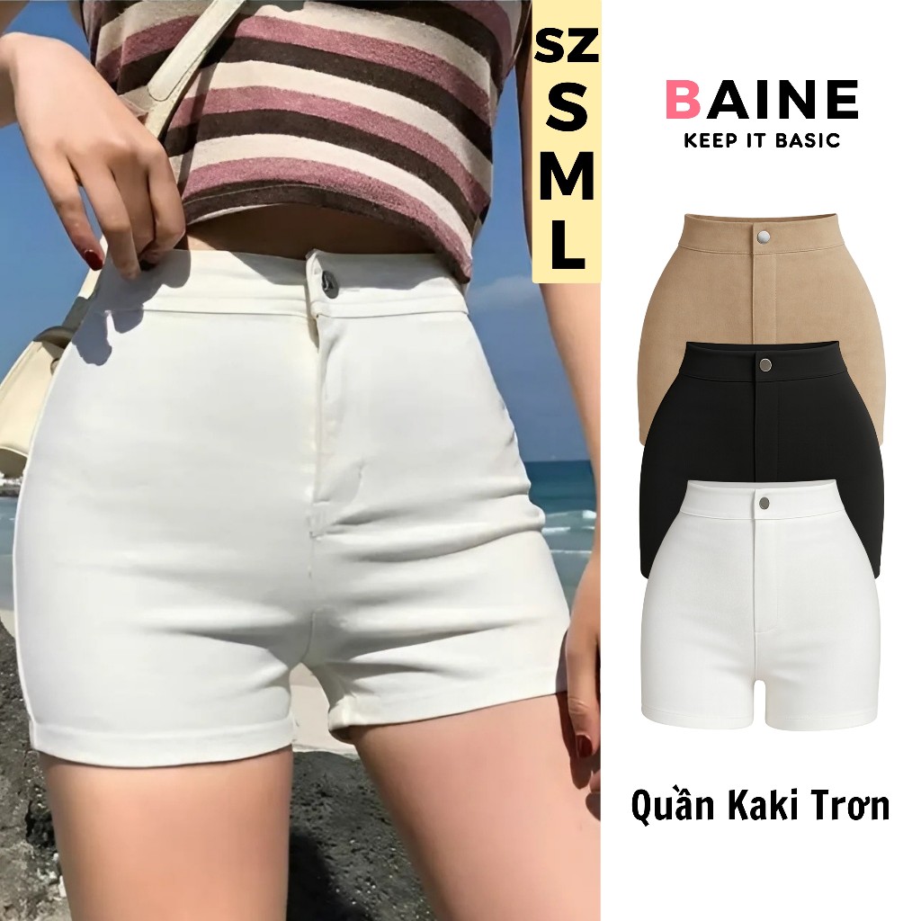 Quần SHORT KAKI TRƠN Cạp Cao Nữ Vải Jean Kaki QU10, Quần Đùi Lưng Cao Đẹp BAINE