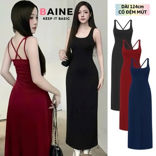 ĐẦM HAI DÂY ĐAN LƯNG Có Mút Ngực Form Dài Thun Gân DB02, Váy Body Hai Dây Kiểu Trơn Dáng Xòe BAINE