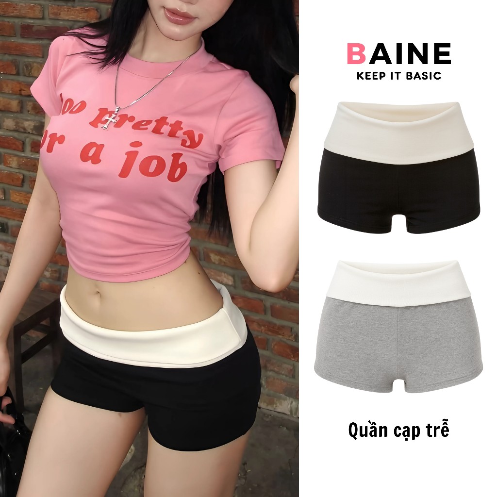 Quần SHORT CẠP TRỄ KIỂU GẬP EO Chất Gân Dáng Ôm Sexy QU04, Quần Đùi Dáng Ngắn Lật Lưng BAINE