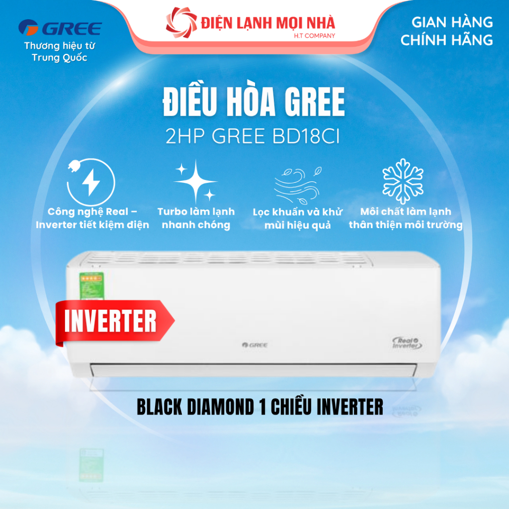 Điều hòa Gree Inverter 2HP BD18CI – Làm lạnh nhanh, tiết kiệm điện, vận hành êm, phù hợp phòng 20–30