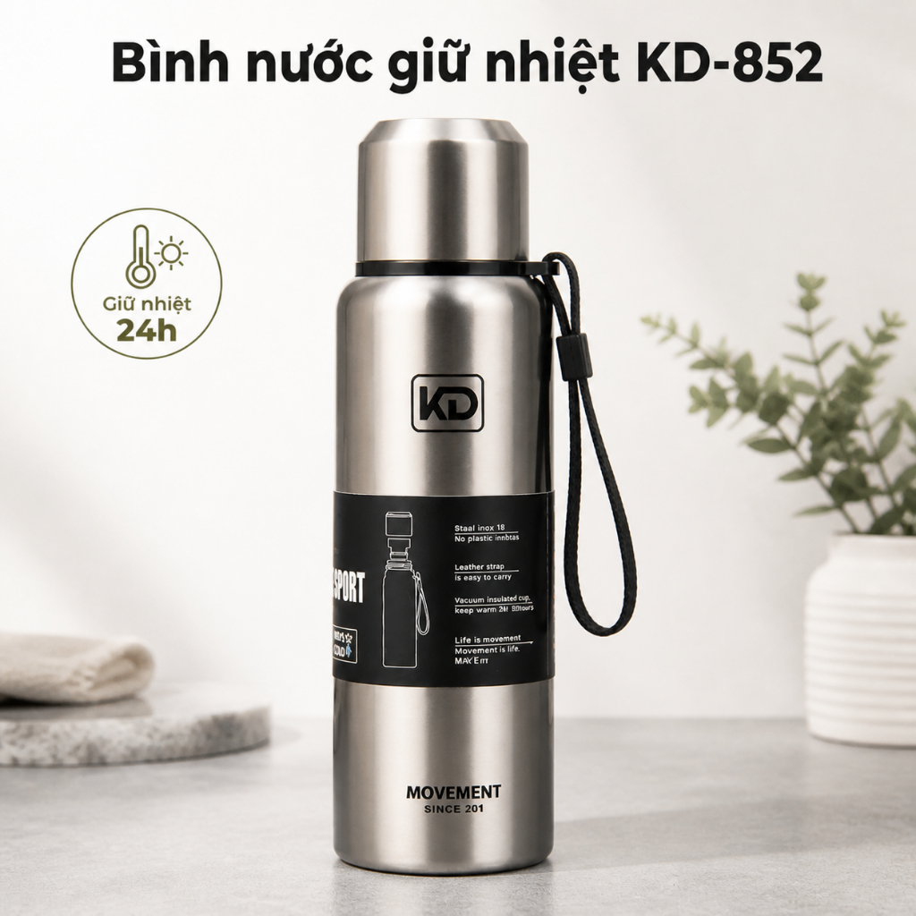 Bình nước giữ nhiệt KD-852 inox 304 cao cấp 520ml-1500ml nắp cốc giữ nóng lạnh