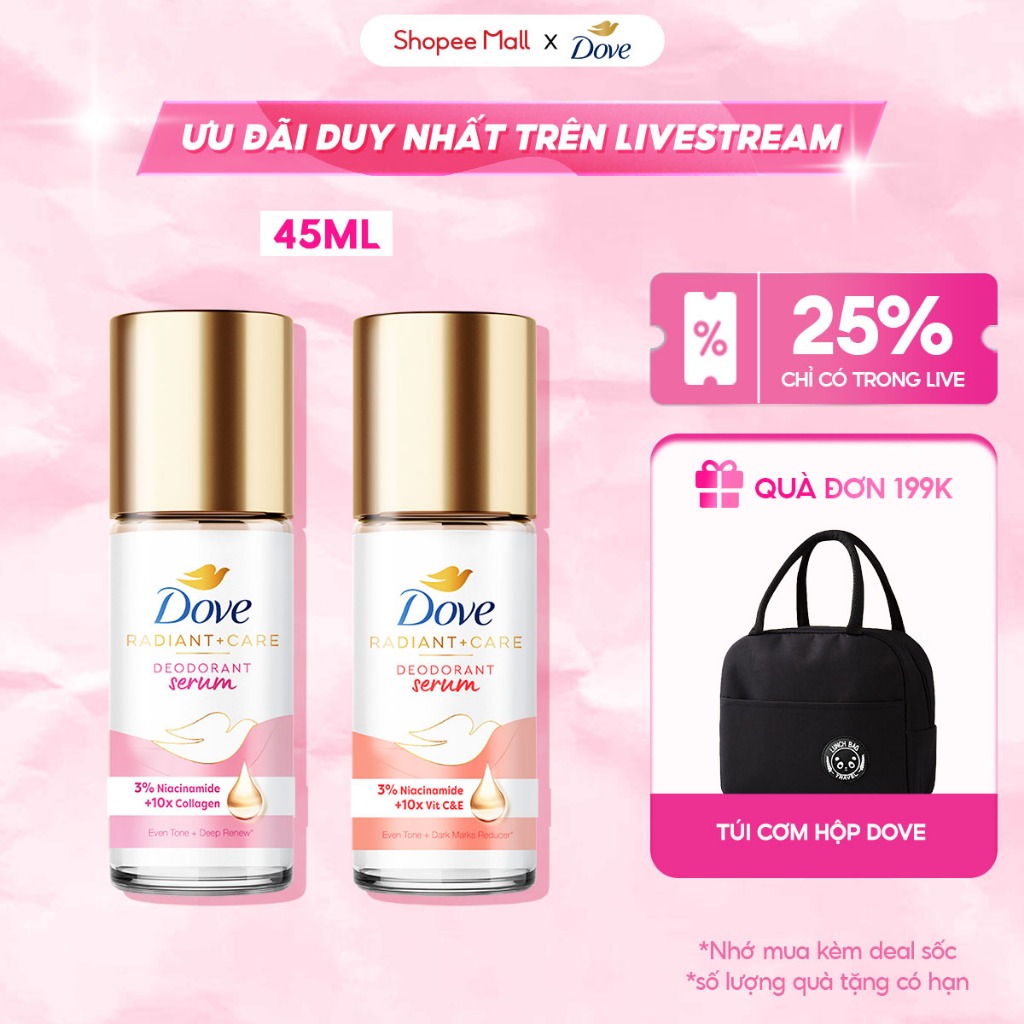 [Live]Lăn ngăn mùi dưỡng sáng cao cấp Dove tinh chất serum cho nữ với 3% Niacinamide giúp da sáng mịn đều màu 45ml