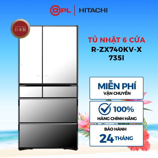 Tủ lạnh 6 cánh Hitachi 735 lít R-ZX740KV-X - Mặt gương pha lê - Ngăn chân không - Inverter