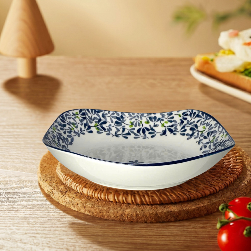 Đĩa Bằng Sứ Màu Xanh Trắng Dài X Rộng 19.6 cm INDIGO FLORAL