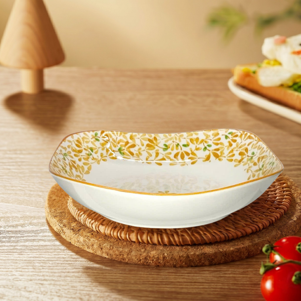 Đĩa Bằng Sứ Màu Vàng Trắng Dài x Rộng 19.6 cm AMBER FLORAL