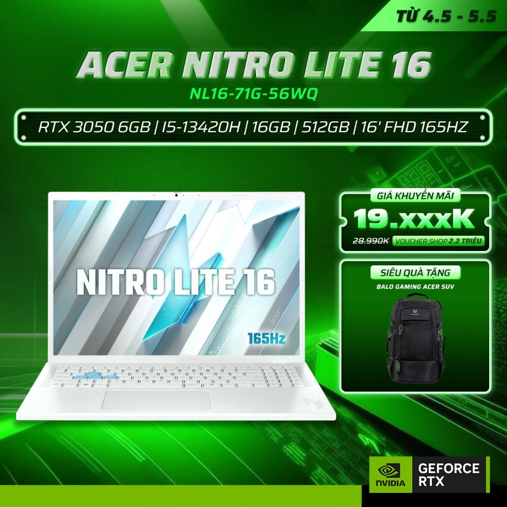 Laptop Acer Nitro Lite 2025 NL16-71G-56WQ Card đồ họa GeForce RTX™ 3050 6GB