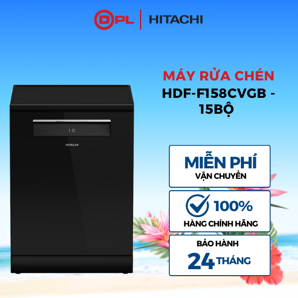 Máy rửa chén độc lập 15 bộ Hitachi HDF-F158CVGB - Kính đen, Sấy khô diệt khuẩn
