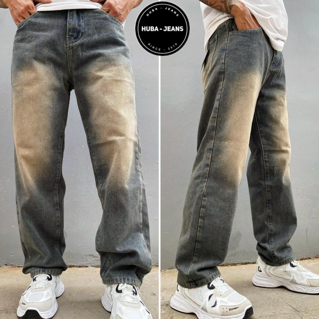 Quần jean nam dáng form suông rộng quần bò baggy trơn ống rộng nam, xanh ánh vàng Retro HUBA JEANS