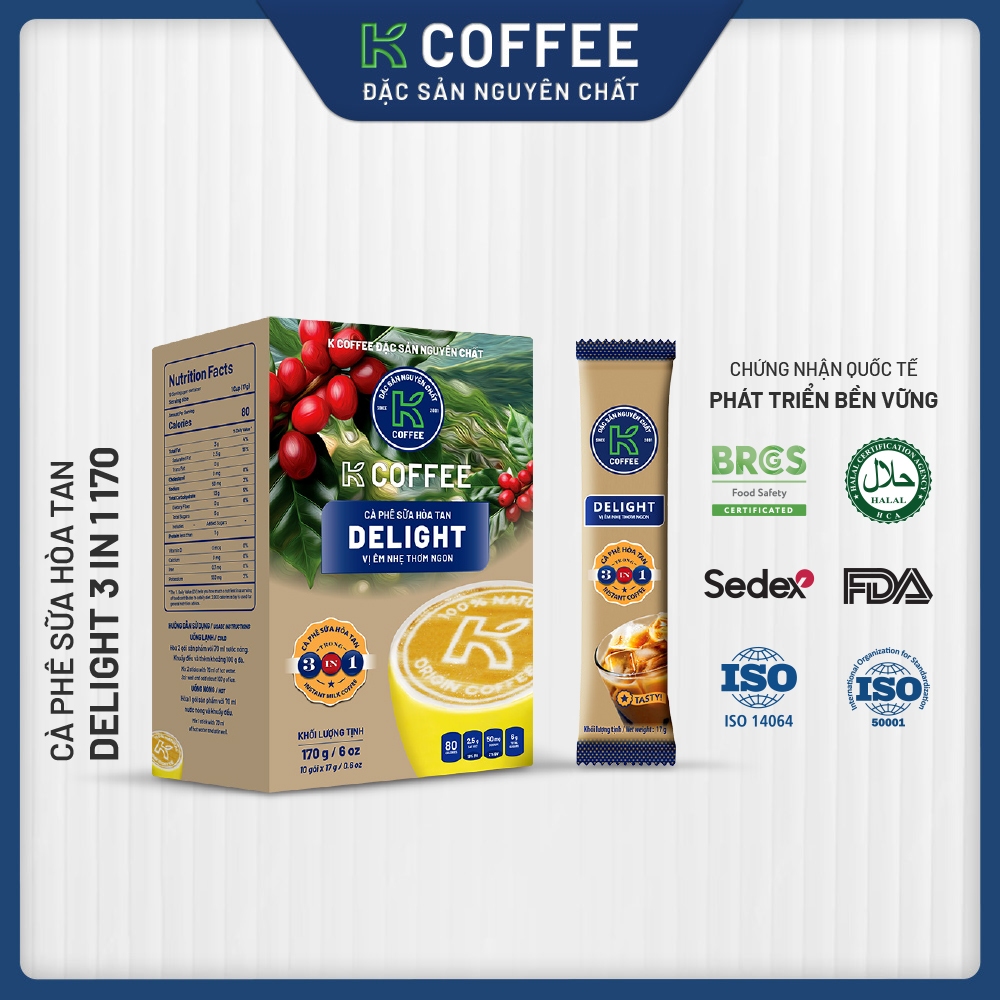 Cà phê sữa hòa tan K Coffee Delight 3in1 170g Hộp 10 gói
