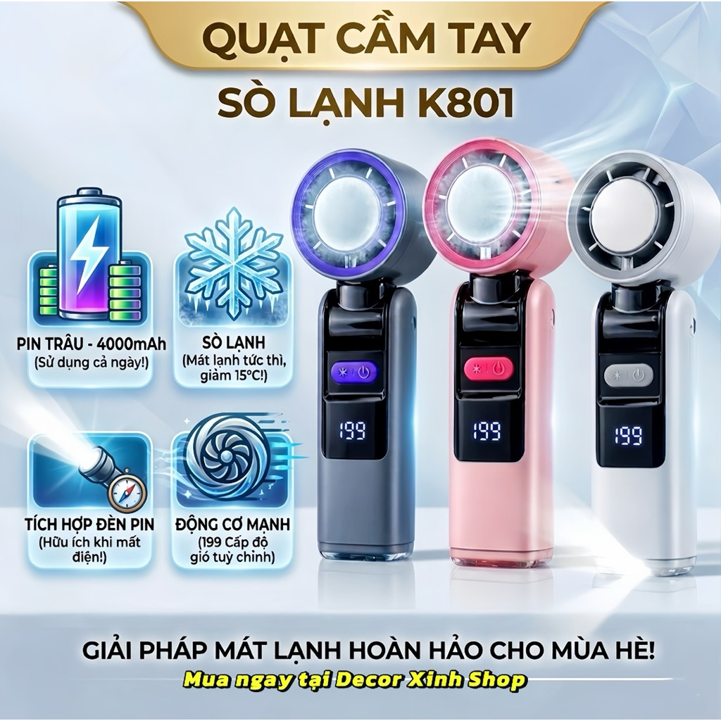[Mẫu Mới 2026] Quạt Tích Điện K801 Sò Lạnh Làm Mát Tức Thì - Tích Hợp Đèn Pin,Pin Khủng 4000mAh,199 Tốc Độ Gió Siêu Mạnh