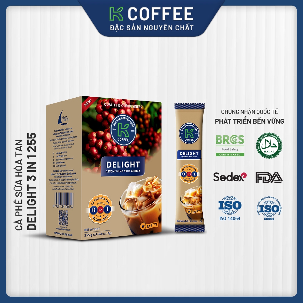 Cà phê sữa hòa tan K Coffee Delight 3in1 255g Hộp 15 gói