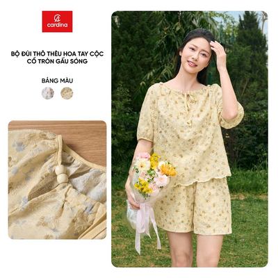 Bộ đồ nữ CARDINA chất liệu thô thêu hoa tay cộc cổ tròn gấu sóng và quần đùi 6BON03