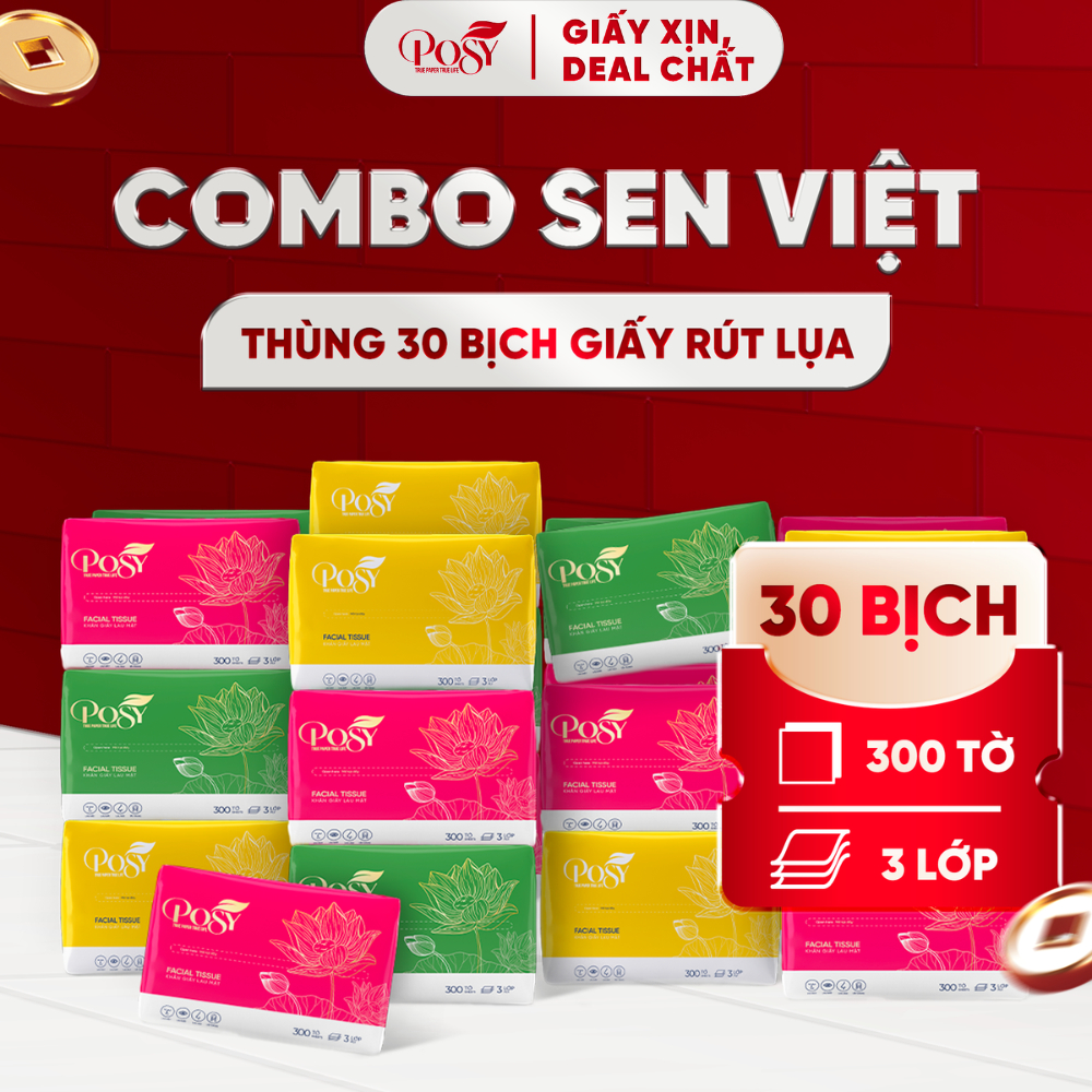 [LIVE KOL]_POSY_ COMBO SEN VIỆT_ THÙNG 30 GÓI GIẤY LỤA DẠNG RÚT POSY LOTUS 300 TỜ 3 LỚP MỀM ÊM