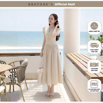 BBSTORE'S Đầm Xòe Dạo Phố Linen Dài Phồng Cổ Chữ Nhật Phối Viền Ren Tùng Xòe - DAE46B