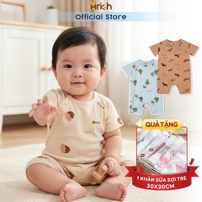 Body cộc tay sơ sinh Arich,  bộ body cộc họa tiết ,vải petit modal, cho bé trai, gái size sơ sinh - 18 tháng