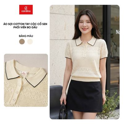 Áo kiểu nữ CARDINA chất liệu dệt sợi cotton tay cộc cổ sen phối viền gấu bo 6ALC11