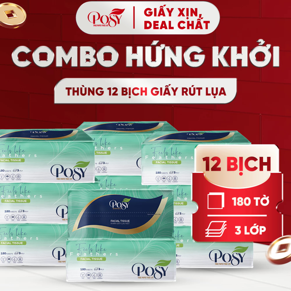 POSY_ THÙNG 12 GÓI KHĂN GIẤY RÚT LỤA CAO CẤP POSY 180 TỜ 3 LỚP MỀM MIN TIẾT KIỆM