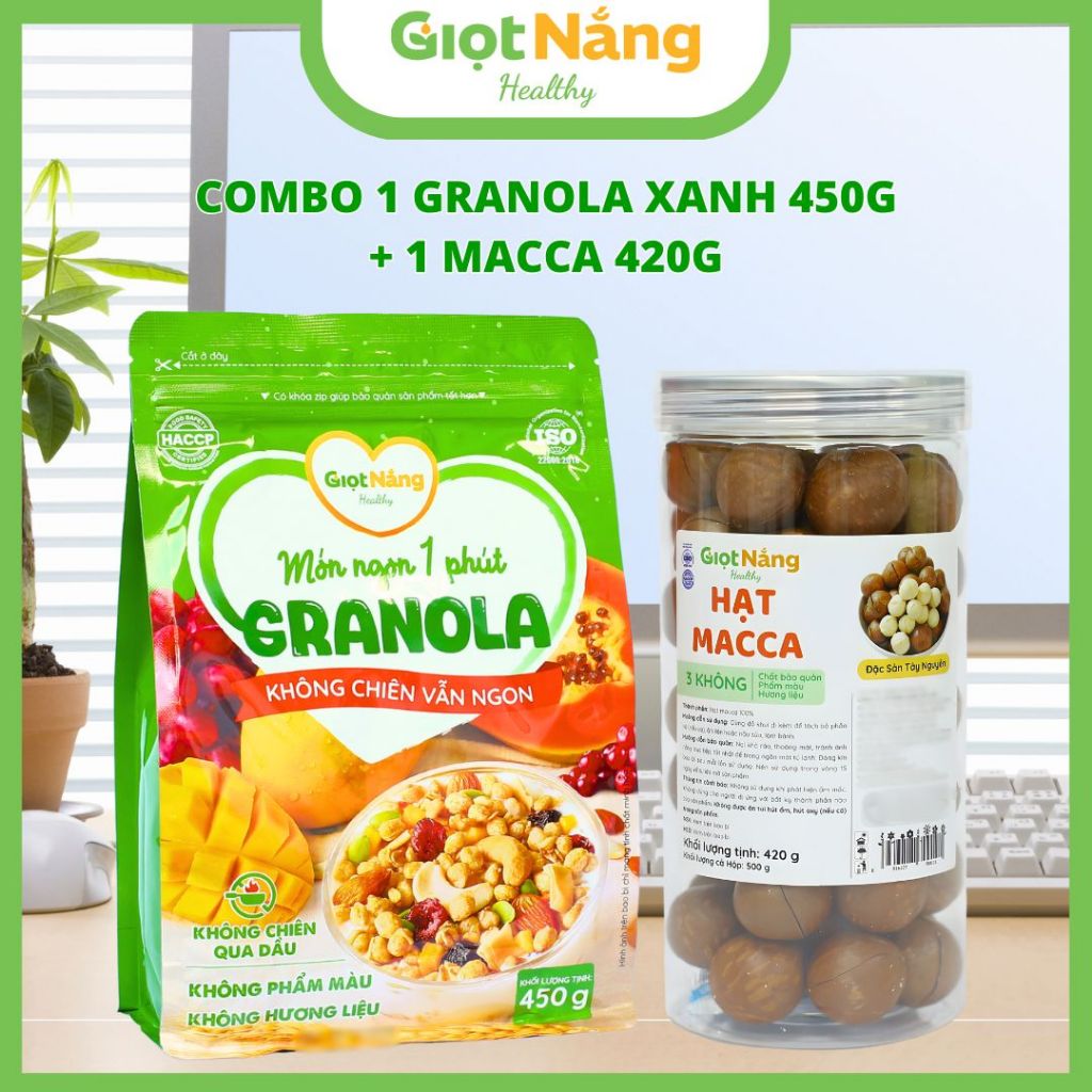[Combo] Granola Mới + Macca Nứt Vỏ Sấy lạnh Size A từ Nông Sản Giọt Nắng