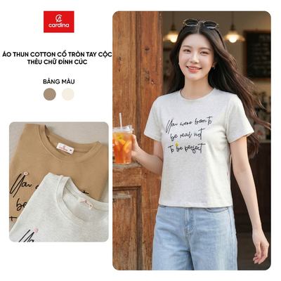 Áo phông nữ CARDINA Cotton tay cộc cổ tròn thêu chữ đính cúc 6ATC32