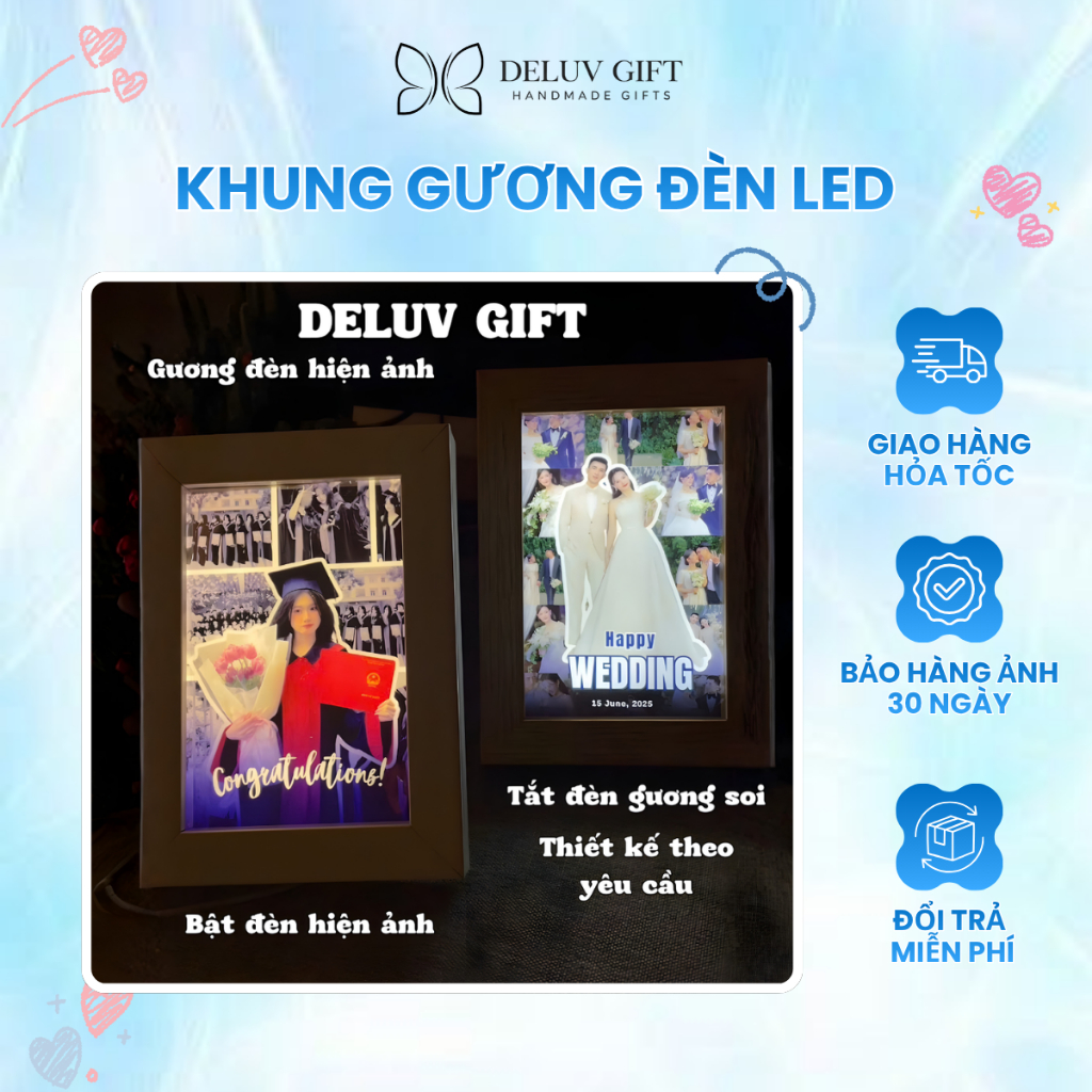 Size 15X20cm Khung tranh gương đèn led xuyên sáng có điều khiển màu đèn khổ A4 A5 A6, thiết kế và in