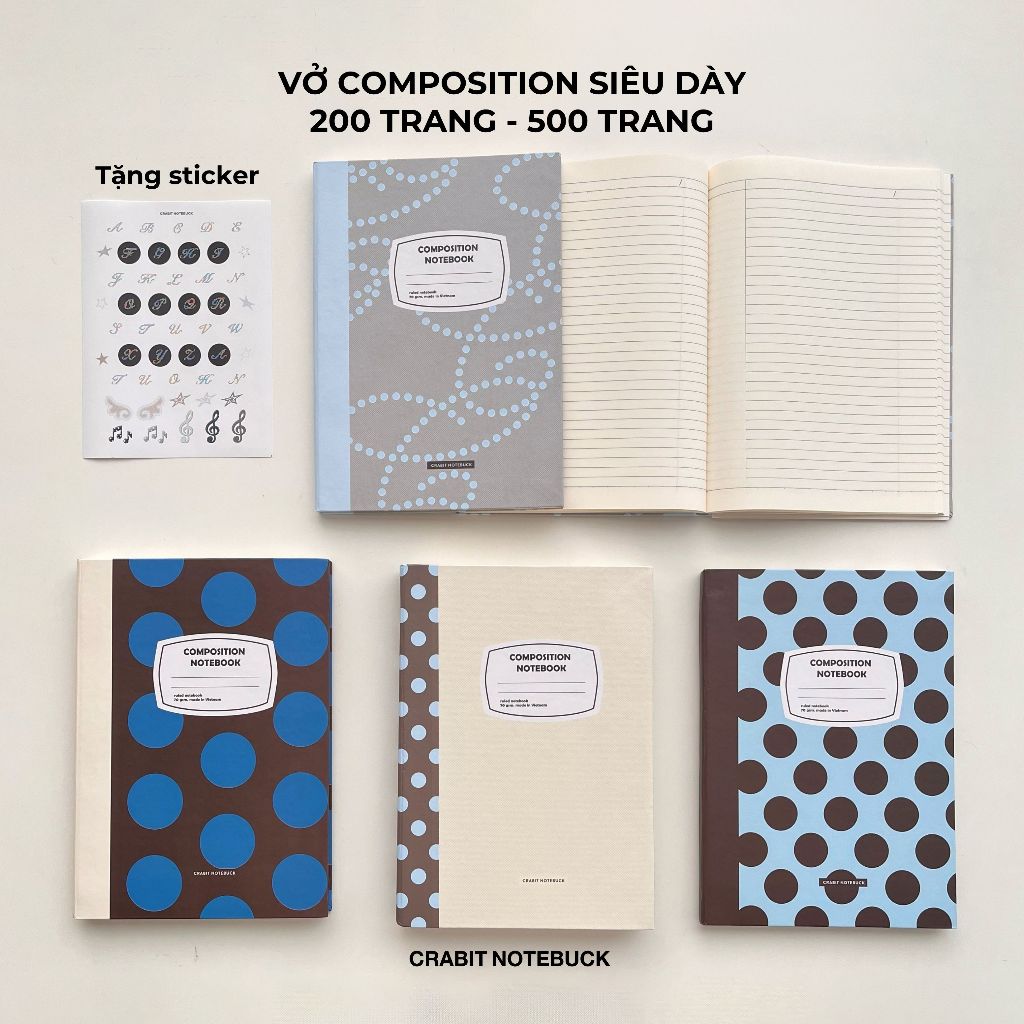 [TẶNG STICKER] Vở kẻ ngang 200 300 500 trang vở bìa cứng Composition Crabit polka dot chấm bi - Reco