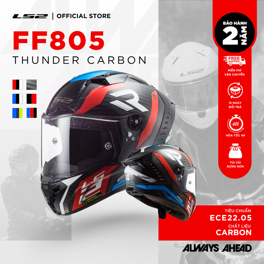 Mũ Bảo Hiểm Fullface Racing LS2 FF805 Thunder Carbon Chuẩn ECE2205 Nhẹ An Toàn Touring Phượt Dài Ngà