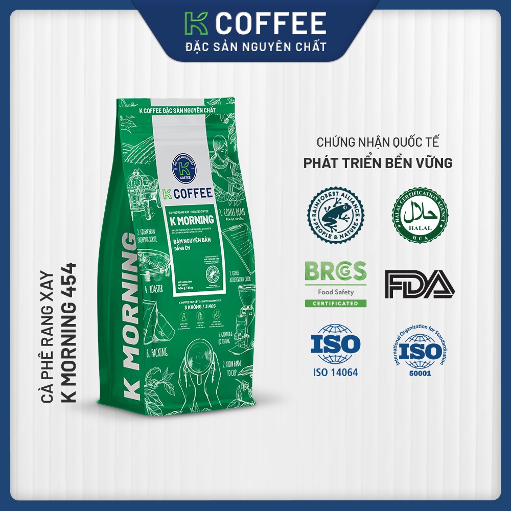 Cà phê Rang xay Đặc sản Nguyên chất Pha phin K Coffee K Morning 454g (cà phê phin, đen đá, cà phê sữ