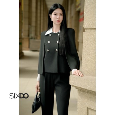 Áo vest 2 hàng cúc tay choàng SIXDO (Black Woven Vest)
