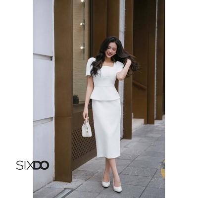 Đầm nữ trắng hoạ tiết peplum tay ngắn cổ vuông SIXDO (White Woven Pencil Dress)