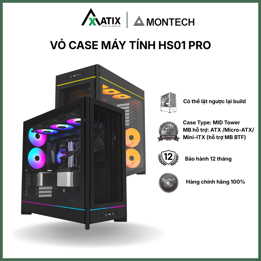 [CHÍNH HÃNG] Vỏ case máy tính PC MONTECH HS01 Pro | Mặt lưới kính | Mid Tower | Sẵn 5 fan ARGB - Bảo