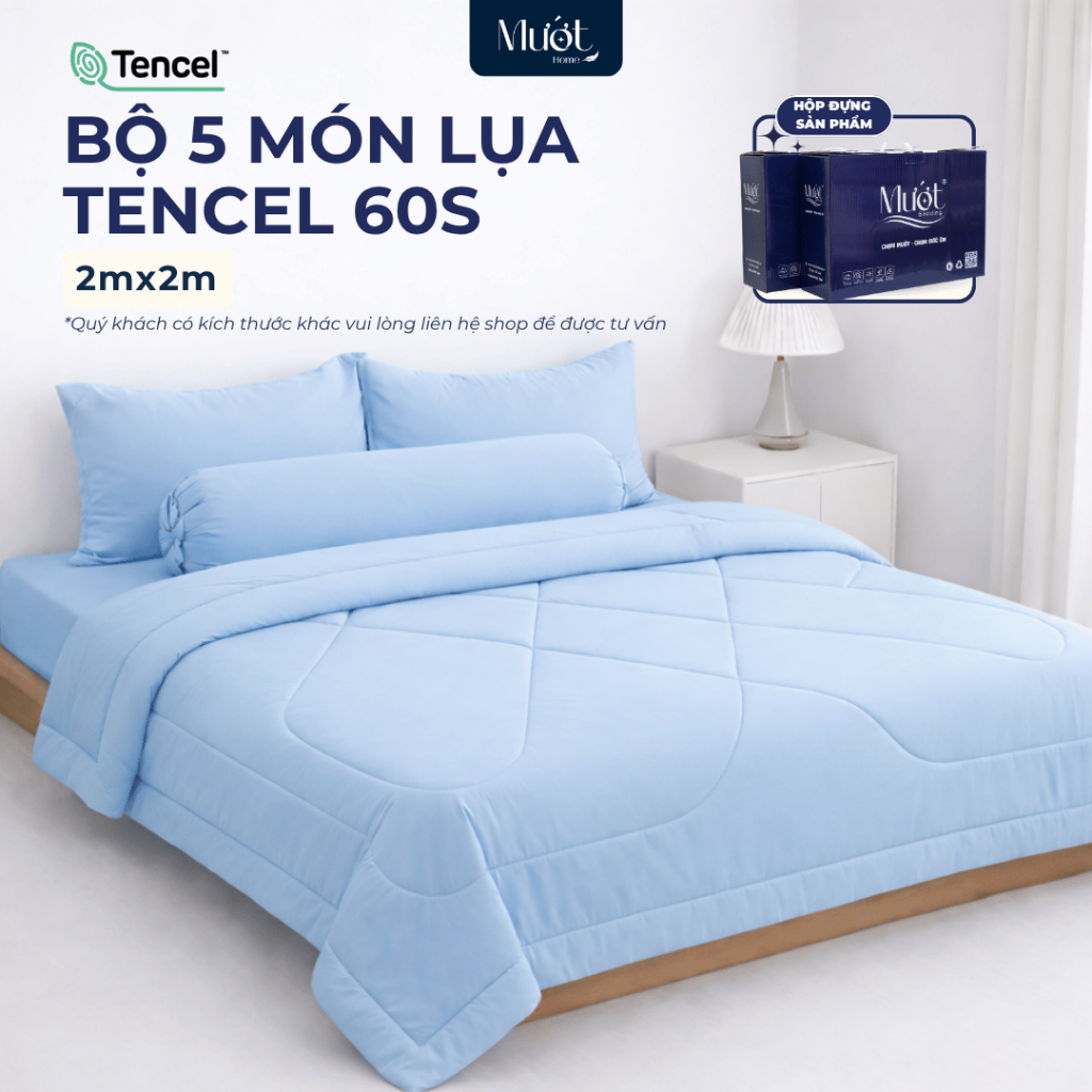 Bộ chăn ga gối 5 món cho nệm kích thước 2mx2m Lụa Tencel 60s Mướt Home cao cấp trơn màu