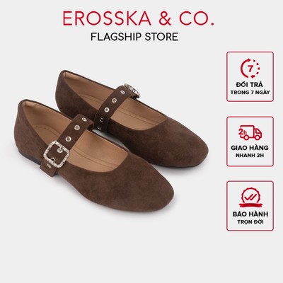 [Erosska]  - Giày búp bê nữ mũi tròn, quai ngang bảng to thời trang chất liệu da lộn màu nâu -  EL128
