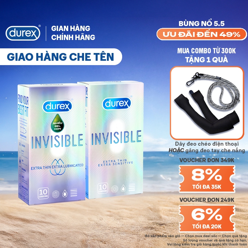 COMBO DUREX INVISIBLE LUBRICATED và DUREX INVISIBLE EXTRA THIN EXTRA SENSITIVE (10 BAO/HỘP; 52MM)