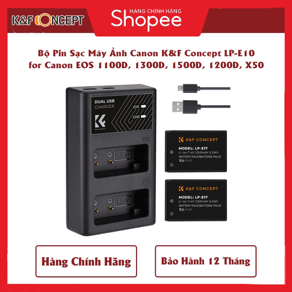 Bộ sạc pin K&F Concept 2-Pack LP-E17 1250 mAh phù hợp  Canon EOS RP、Rebel T8i、T7i、T6i、T6s、SL2、SL3、EO