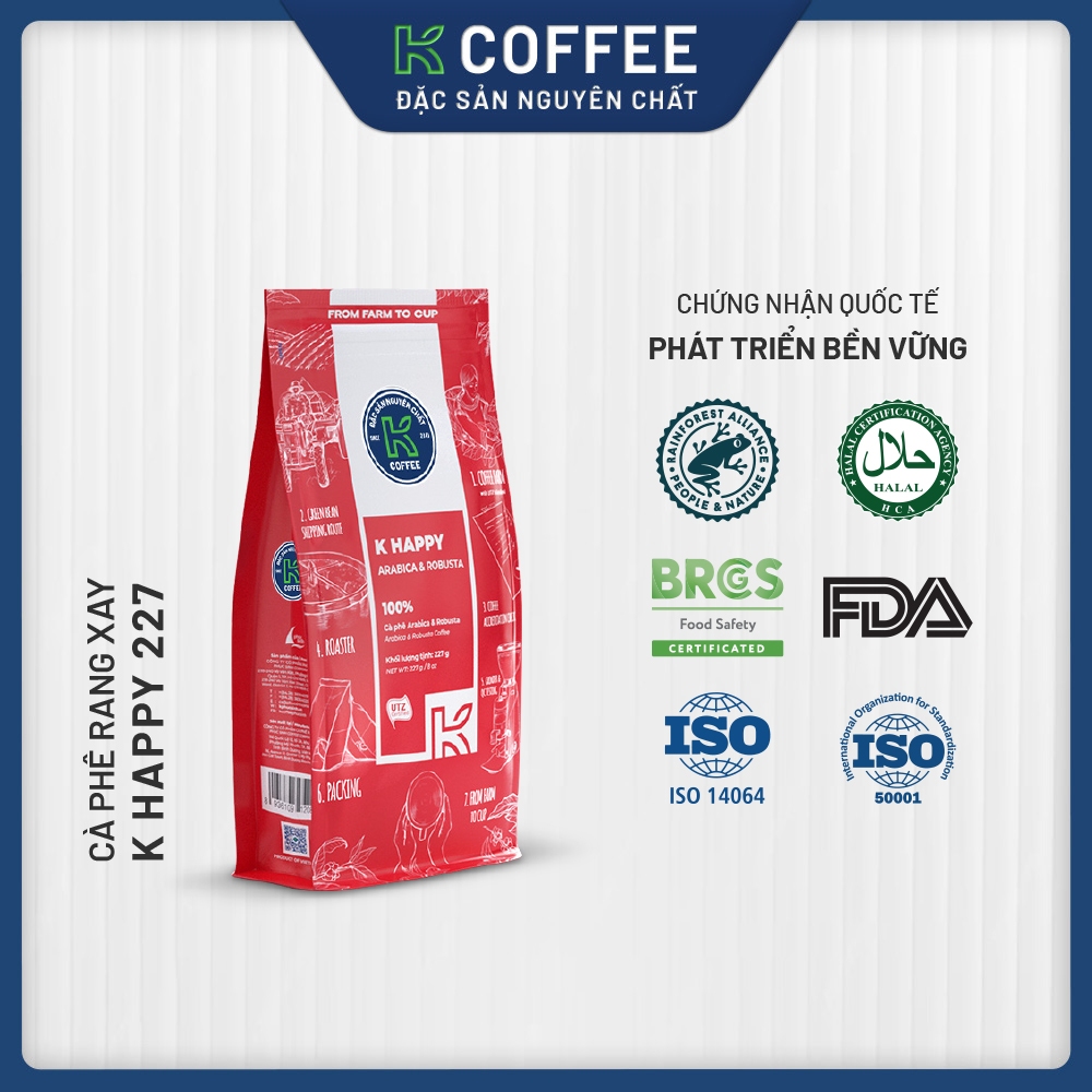 Cà phê Rang xay Đặc sản Nguyên chất Pha phin K Coffee K Happy 227g