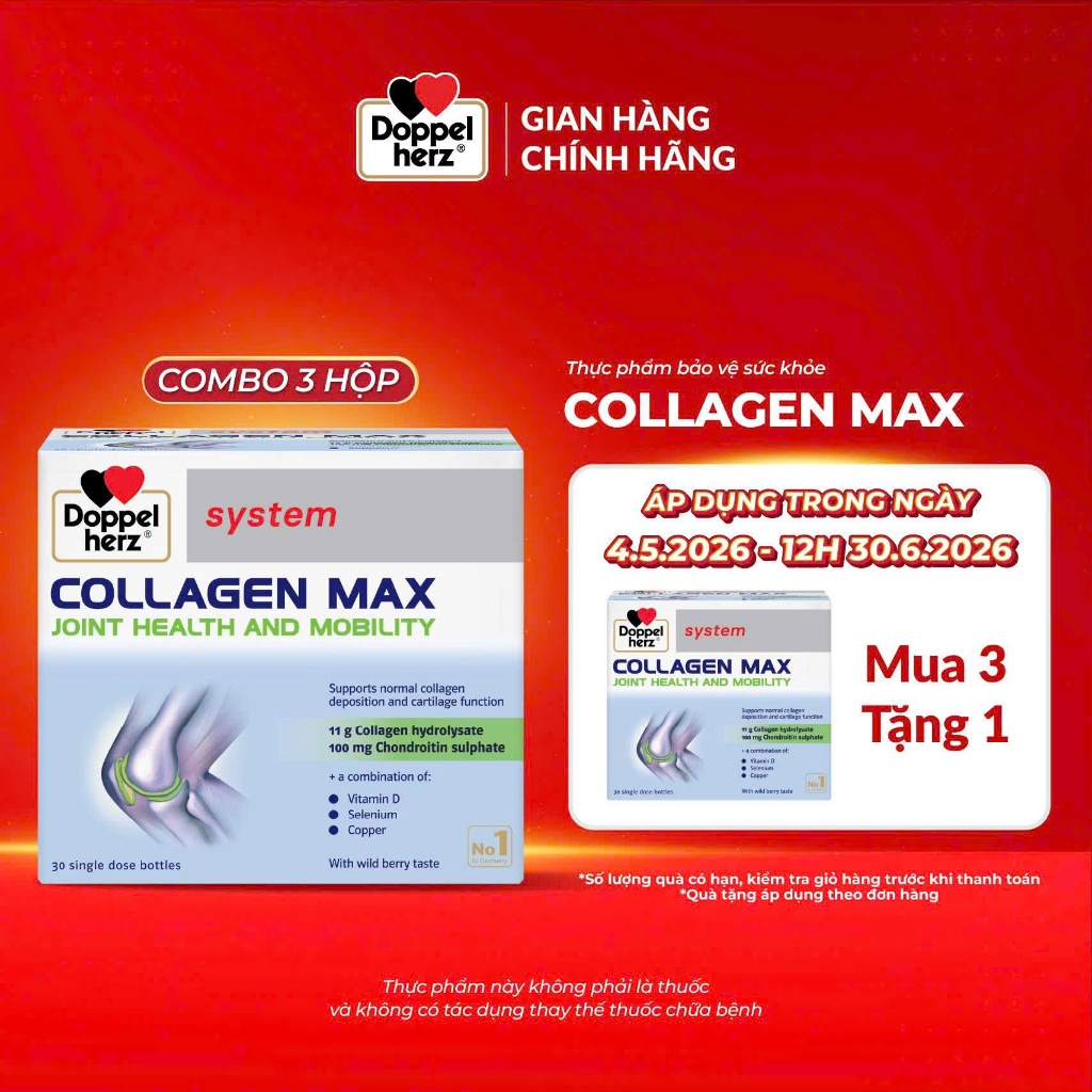 Collagen thuỷ phân tăng độ linh hoạt của khớp Doppelherz Collagen Max (Hộp 30 ống) Date T12.2026