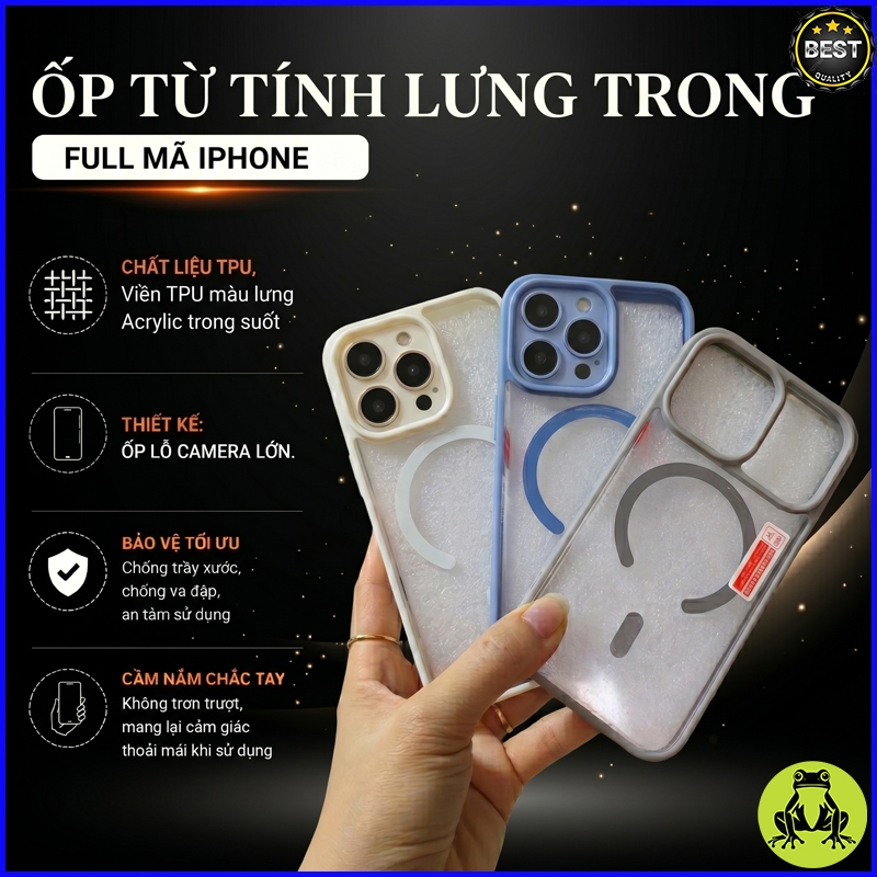 Ốp Lưng từ tính viền dẻo lỗ lớn IPHONE 16, IP 16 Pro, IP 16 Plus, IP 16 E, IP 16 ProMax, lưng acryli