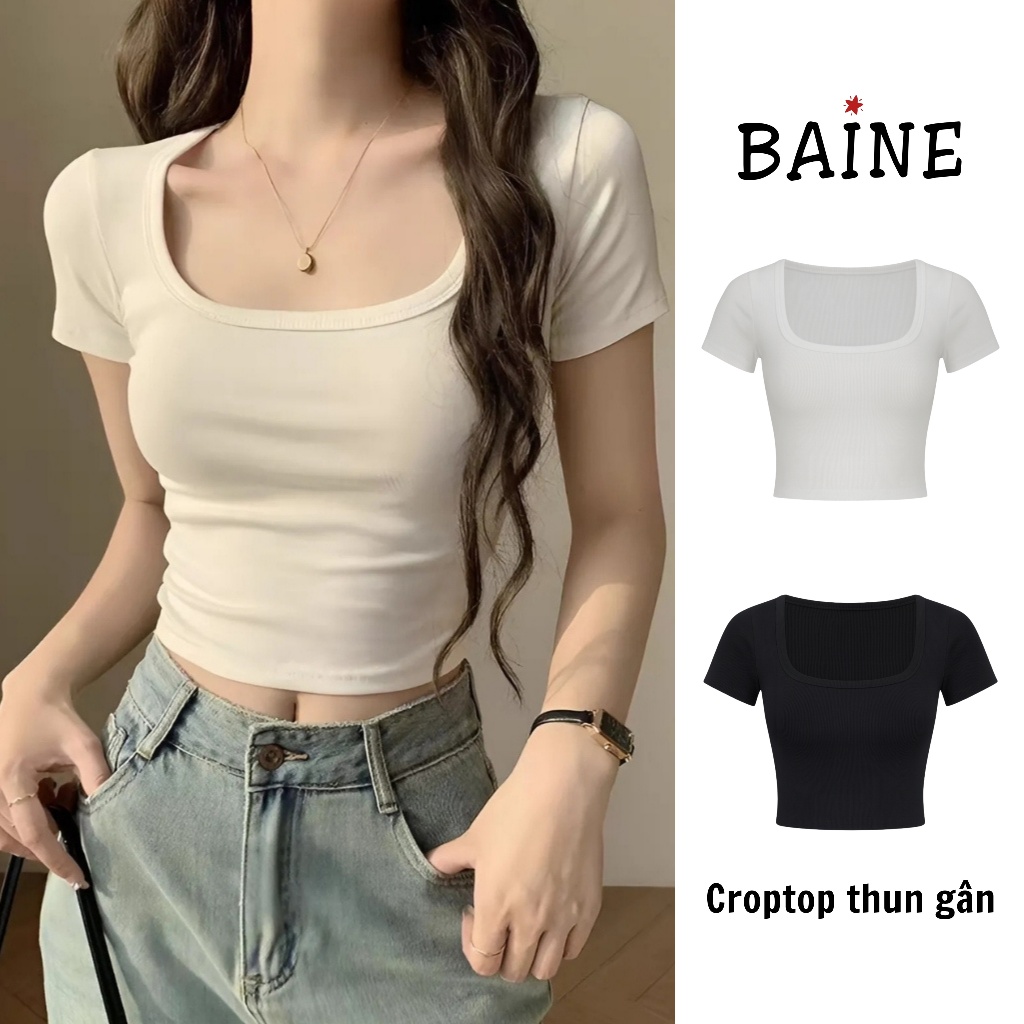 Áo Thun Nữ Croptop Tay Ngắn Cổ Vuông CR73, Chất Thun Gân Ôm Body Tôn Dáng Baine
