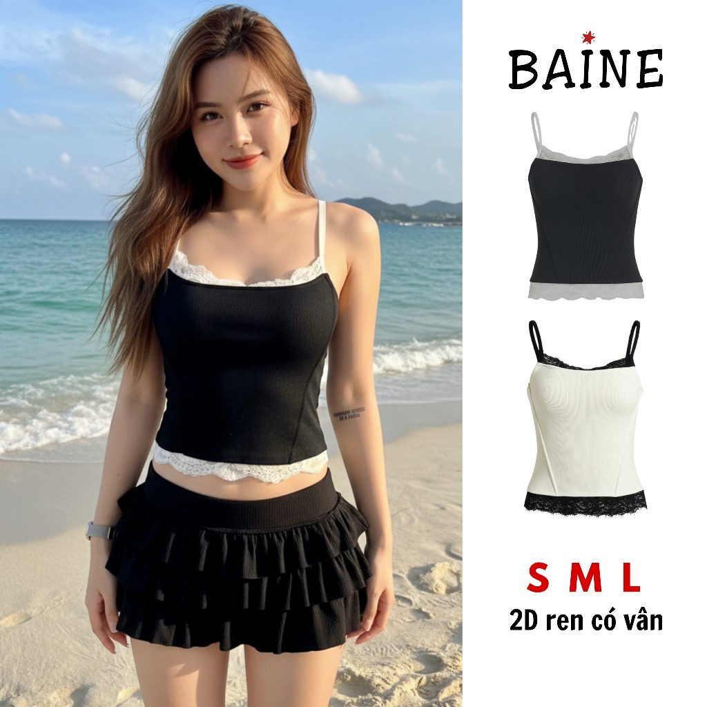 Áo Thun Hai Dây Viền Ren Ngực Và Ren Vạt CR17, Áo Croptop Chất Thun Gân Ôm Body Tôn Dáng Baine