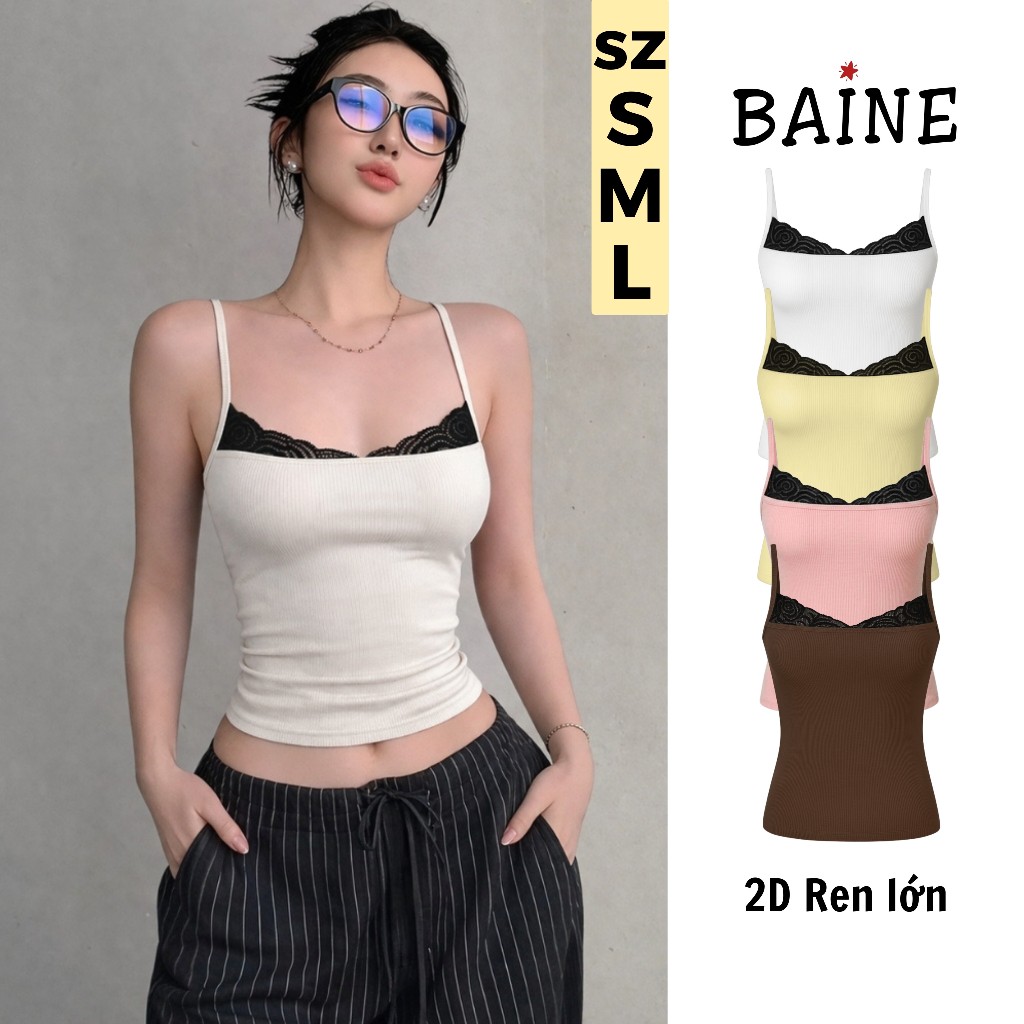 Áo Hai Dây Nữ Thiết Kế Viền Ren Ngực Quyến Rũ CR14, Chất Thun Gân Ôm Body Tôn Dáng Baine