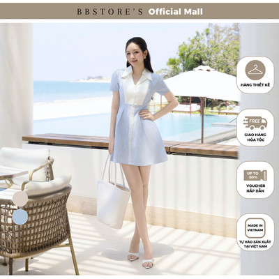 BBSTORE'S Đầm Xòe Dạo Phố Linen Ngắn Cổ Lá Cách Điệu Tay Ngắn Phồng - DAE47T