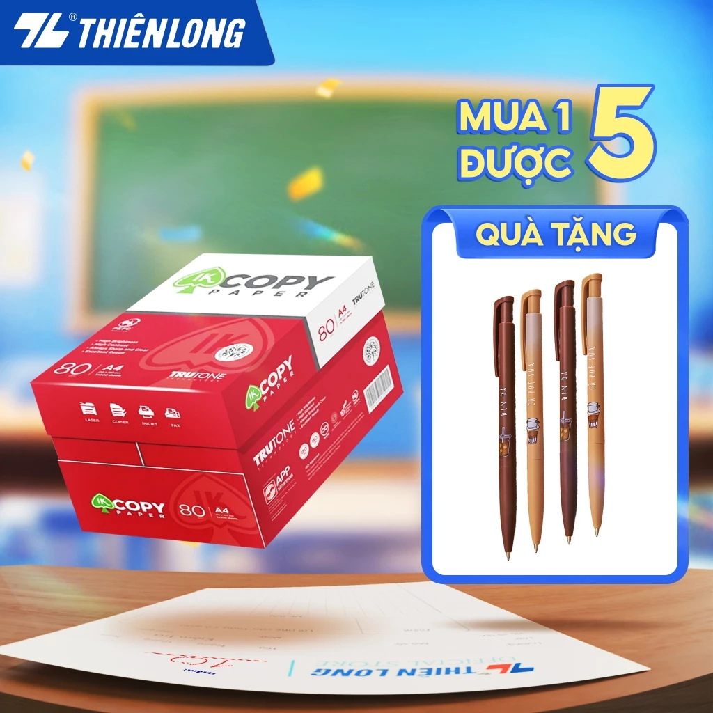 Combo 5  ream giấy in A4 80gsm Thiên Long IK Copy - Thùng giấy A4 500 tờ 80gsm tờ in đều màu