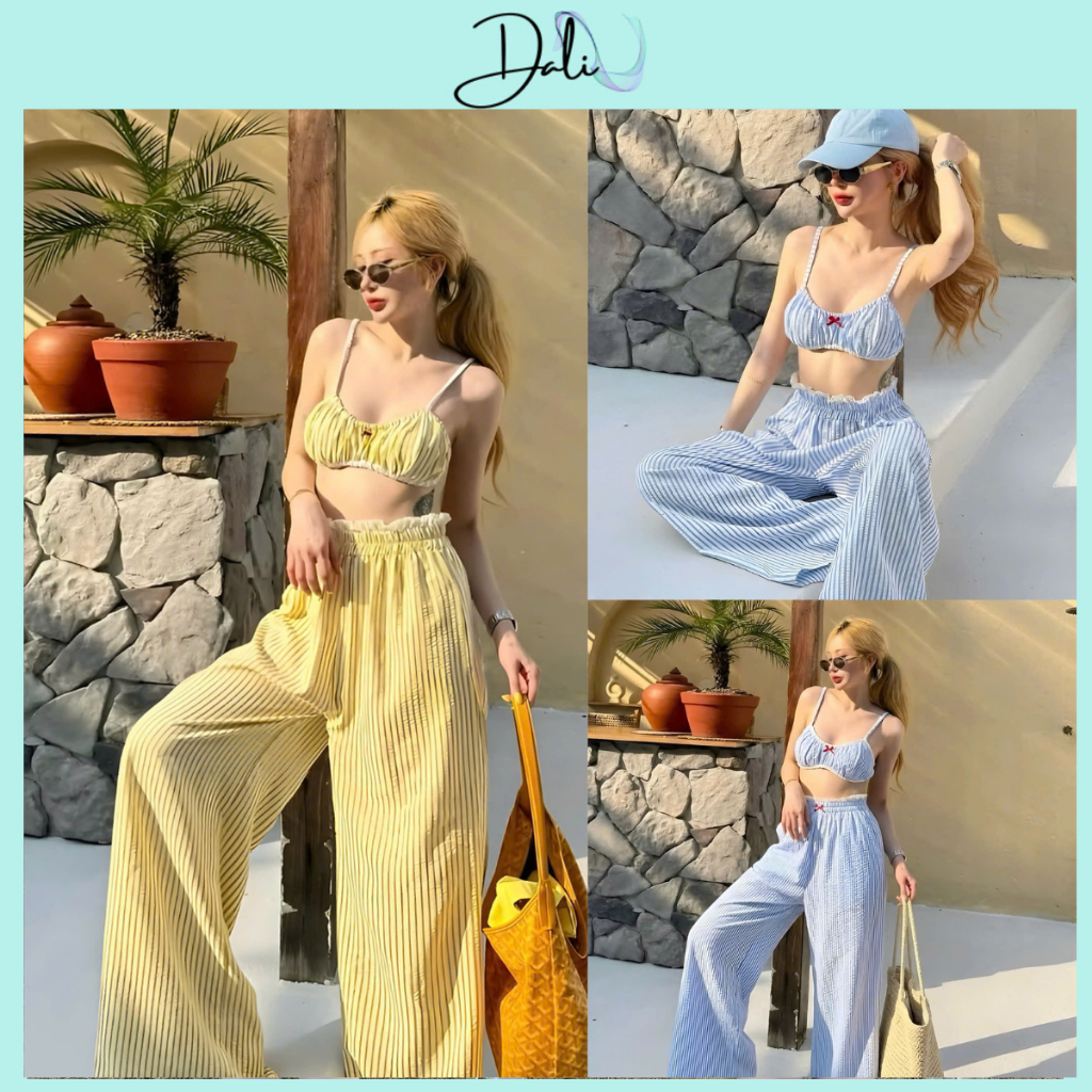 Set Bikini 2 Món Gồm Áo 2 Dây Có Đệm + Quần Ống Rộng Dáng Dài Chất Liệu Kẻ Đũ Mặc Đi Biển Sang Chảnh | BigBuy360 - bigbuy360.vn