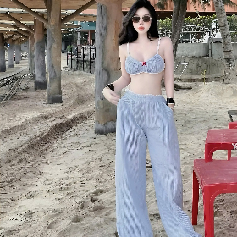 Set Bikini 2 Món Gồm Áo 2 Dây Có Đệm + Quần Ống Rộng Dáng Dài Chất Liệu Kẻ Đũ Mặc Đi Biển Sang Chảnh | BigBuy360 - bigbuy360.vn