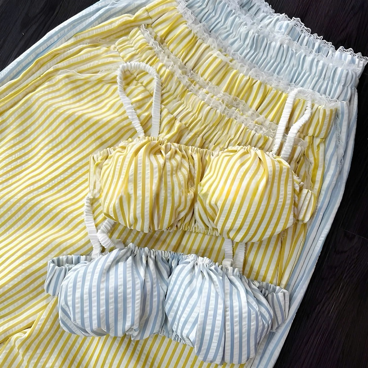 Set Bikini 2 Món Gồm Áo 2 Dây Có Đệm + Quần Ống Rộng Dáng Dài Chất Liệu Kẻ Đũ Mặc Đi Biển Sang Chảnh | BigBuy360 - bigbuy360.vn