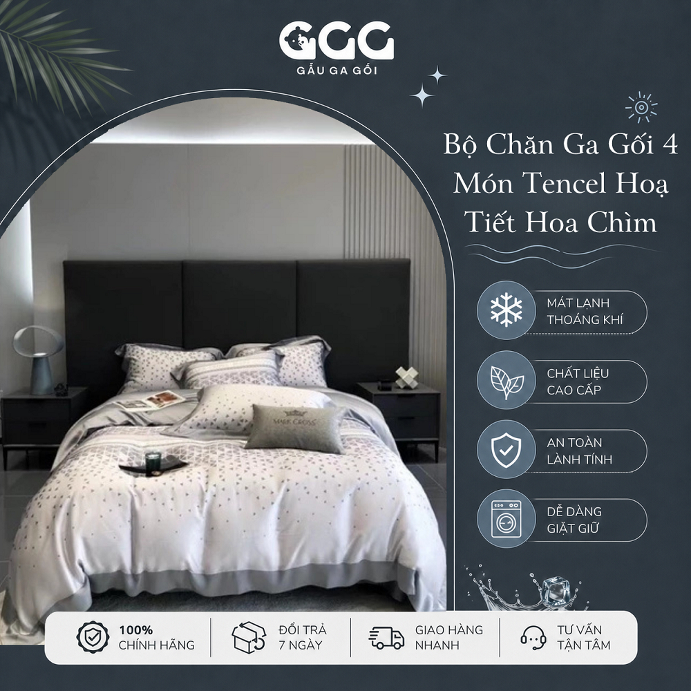 Bộ Chăn Ga Gối 4 Món Tencel Hoạ Tiết Hoa Chìm Gấu Ga Gối, Set Tencel Decor Phòng Ngủ Sang Trọng