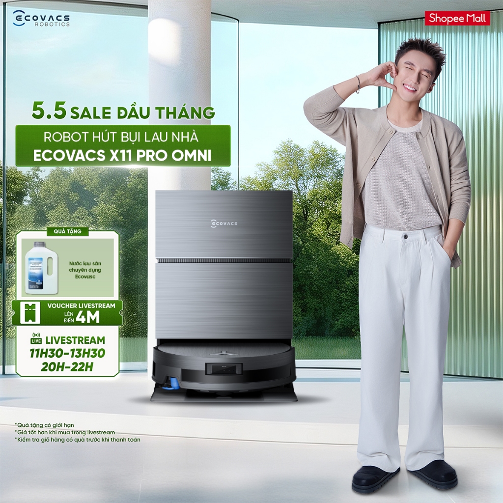 Robot hút bụi lau nhà Ecovacs DEEBOT X11 Pro Omni -Lực hút 19.500Pa - Pin 6400mAh - Thiết kế siêu mỏ