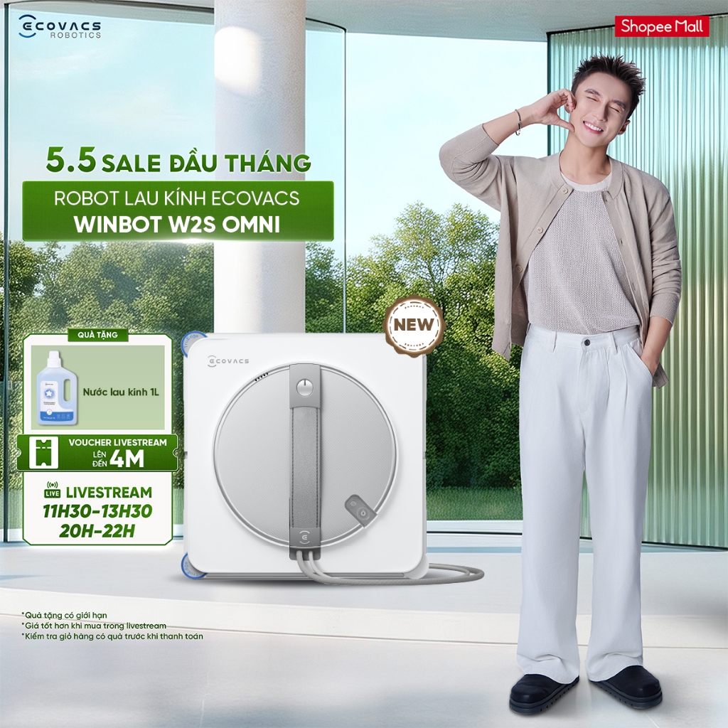 Robot lau kính Ecovacs Winbot W2S Omni 2027 - Trạm đa năng - Chống rơi an toàn